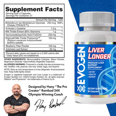 Evogen Liver Longer - Premium Liver Support Supplement | Detox Health & Repair | N-Acetyl L-Cysteine Milk Thistle TUDCA | 84 Capsules