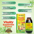 Herbion Naturals Vitality Supplement for ChildrenPromotes Growth and AppetiteRelieves FatigueImproves Mental and Physical Performance Boosts Energy 5 fl oz. For Kids 1 Year and Above.