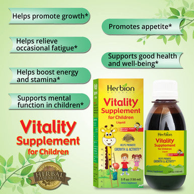 Herbion Naturals Vitality Supplement for ChildrenPromotes Growth and AppetiteRelieves FatigueImproves Mental and Physical Performance Boosts Energy 5 fl oz. For Kids 1 Year and Above.