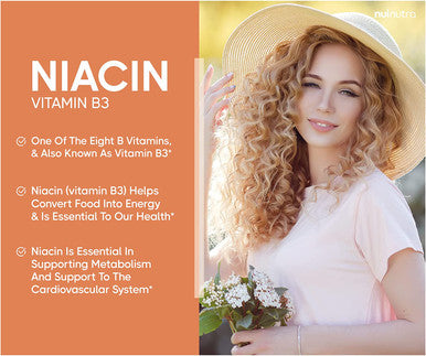 Nui Nutra Niacin (Vitamin B3) Supplement | 500mg | 200 Capsules | Nervous & Cardiovascular System Boost | Skin, Brain, Energy, and Metabolism Support | with Flushing