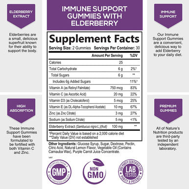 Immune Support Gummies with Sambucus Black Elderberry Extract, Vitamin C & Zinc, Natural Vegan Immune System Support Supplement for Children, Tasty Fruit Flavor - 60 Gummies
