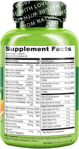 Naturelo Bariatric Multivitamin - One Daily With Iron - Supplement For Post Gastric Bypass Surgery Patients - Natural Whole Food Nutrition - 60 Veggie Capsules