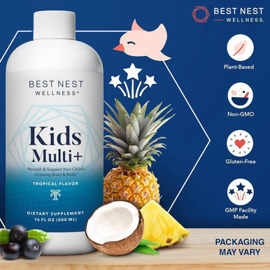 Best Nest Wellness Kids Multi Plus - Brain Health Support Supplement For Kids - Liquid Multivitamin With Methylated Vitamins - Nutritional Supplement Aids Immune Health - Tropical Flavor, 16 Fl Oz
