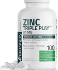 Bronson Zinc Triple Play 30 Mg Triple Coverage Immune Support Zinc Supplement With Zinc Acetate, Picolinate & Orotate - Immune, Antioxidant & Skin Health Support - 100 Vegetarian Capsules