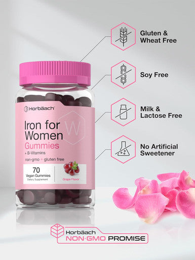 HorbAach Iron Gummies For Women Supplement With B Vitamins 70 Count Grape Flavor Vegan, Non-Gmo & Gluten Free
