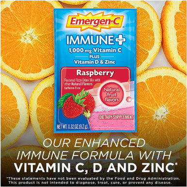 Emergen-C Immune+ Vitamin C 1000mg Powder, Plus Vitamin D And Zinc (Raspberry Flavor), Immune Support Dietary Supplement Fizzy Drink Mix, Antioxidants & Electrolytes, 0.32 Ounce (Pack of 10)