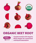 USDA Organic Beet Root Powder 120 Tablets 1350mg Beets Per Serving with Black Pepper for Extra Absorption Nitrate Supplement for Circulation Heart Health Super Athletic Performance No Capsules