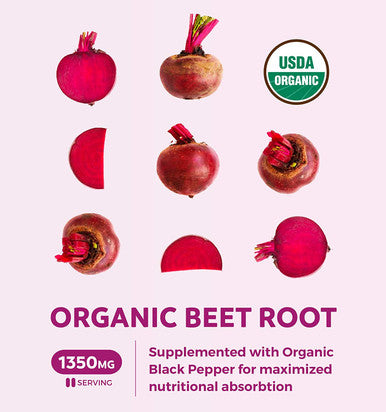 USDA Organic Beet Root Powder 120 Tablets 1350mg Beets Per Serving with Black Pepper for Extra Absorption Nitrate Supplement for Circulation Heart Health Super Athletic Performance No Capsules