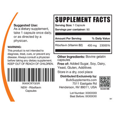 BulkSupplements Riboflavin Capsules (Vitamin B2) - Vitamin B Supplement for Energy Support - Unflavored, - 1 Capsule - 3-Month Supply (90 Capsules)