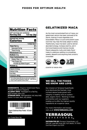 Terrasoul Superfoods Organic Gelatinized Maca Powder 16 Oz Premium Quality Supports Increased Stamina Energy Gelatinized for Easy Digestion