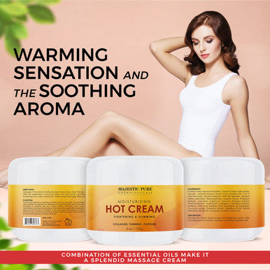 MAJESTIC PURE Hot Cream - for Cellulite, Soothing, Relaxing, Tightening & Slimming - with Collagen, Turmeric, Vitamin A, E, - Body Firming Cream, 4 oz