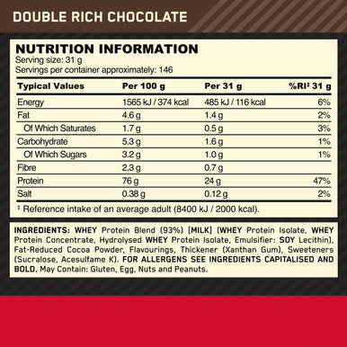 Optimum Nutrition Gold Standard 100% Whey Muscle Building And Recovery Protein Powder With Naturally Occurring Glutamine And Bcaa Amino Acids Double Rich Chocolate Flavour 146 Servings 4.53 Kg