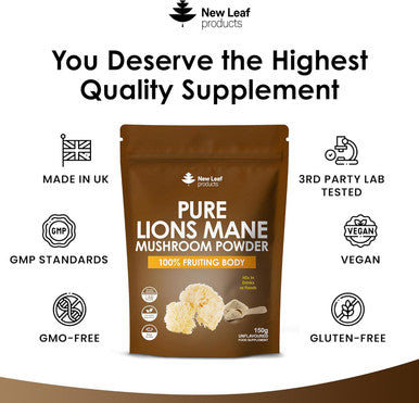Lions Mane Mushroom Powder - Lions Mane Supplement High Strength 3000Mg Mushroom Powder - 100% Fruiting Body Lion'S Mane - 60 Servings Lions Mane Powder - Made In The Uk By Leaf