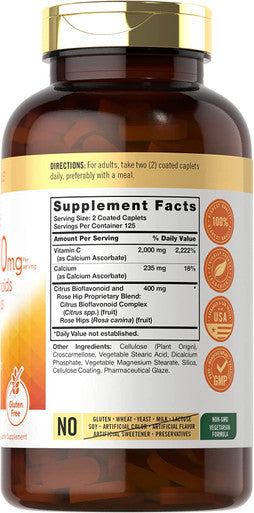Carlyle Buffered Vitamin C | 2000mg | 250 Caplets | with Bioflavonoids and Rose Hips | Vegetarian, Non-GMO, and Gluten Free Supplement