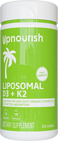 Upnourish Liposomal D3 & K2 Mk-7, Advanced Absorption For Optimal Bone And Immune Health, Supplies 5000 Iu 125 Mcg Vitamin D3 And 100 Mcg Vitamin K2 With Organic Coconut Oil, 365 Mini Softgels