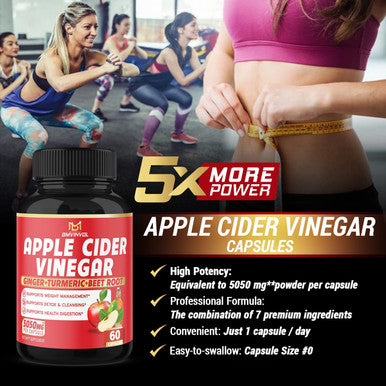 Apple Cider Vinegar Capsules 5050mg Herbal Equivalent with Ginger Turmeric Supports Digestion Detox Immune 2 Months Supply