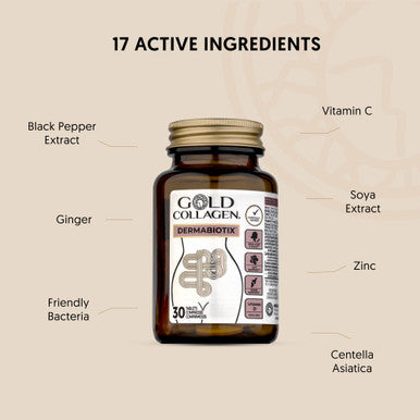 GOLD COLLAGEN Dermabiotix - Probiotics for Gut Health and Hair Nail Skin Supplement with Vitamin C B D Biotin Zinc and Folic Acid - Bones Muscles and Calcium Absorption Support 30 Tablets
