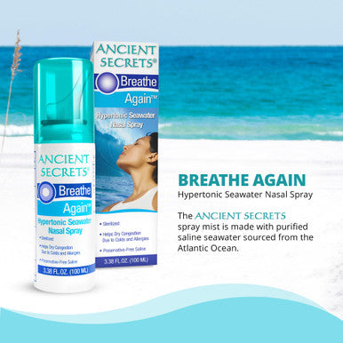 ANCIENT SECRETS Saline Nasal Spray - Breath Again Hypertonic Seawater Nasal Spray, Allergy & Sinus Relief, Nasal Congestion Moisturizer, 3.38 Fl Oz