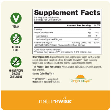 Naturewise Vegan Vitamin D3 5,000 Iu Gummies - No Artificial Flavors Or Colors, Supports Immune System & Strong Bones - Gluten