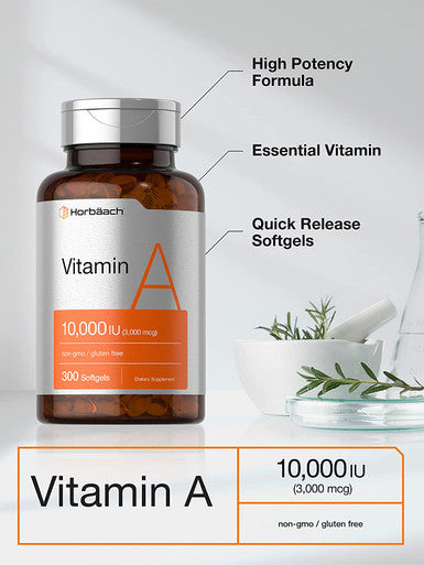 Vitamin A 10000 IU Softgels | 300 Count | Non-GMO, Gluten Free Supplement | by Horbaach