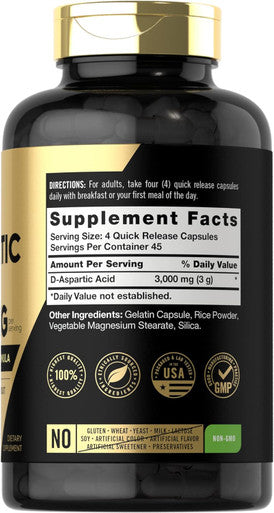 Carlyle D Aspartic Acid Capsules (DAA) | 3000mg | 180 Count | Non-GMO Gluten Supplement | Advanced Athlete Formula