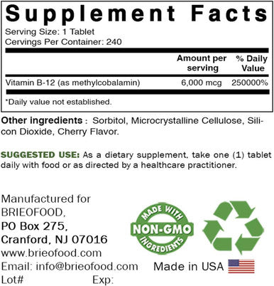 Brieofood Vitamin B-12 (Methycoballamin) 6000 Mcg- 240 Tablets. Non-Gmo, And Gluten