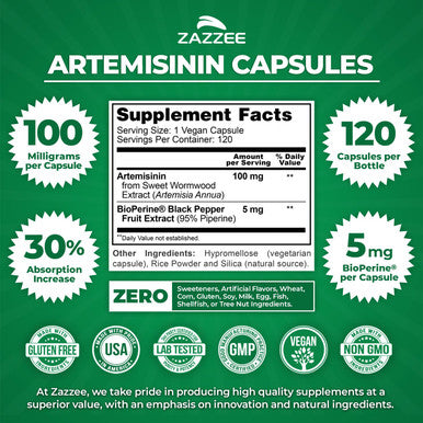 Zazzee High Absorption Artemisinin 100 Mg Per Capsule 120 Vegan Capsules With 5 Mg Bioperine For Maximum Absorption Sweet