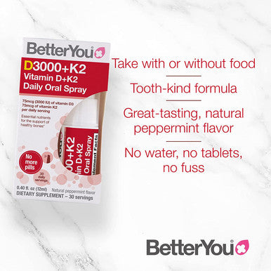 BetterYou Vitamin K2 and Vitamin D Spray Liquid Immune Support Supplement, 1000 IU Strength per Single Spray, 0.4 Fl Ounce (90 Sprays), Peppermint