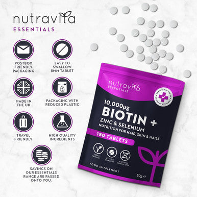 Nutravita Biotin Hair Growth Supplement 10,000Mcg - Scientifically Proven To Maintain Normal Hair Skin & Nails - 180 High Strength Vegan Tablets With Zinc & Selenium - Biotin Vitamins For Women & Men