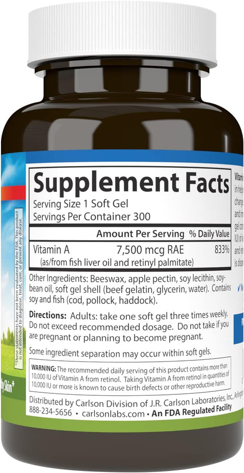 Carlson Vitamin A 25000 IU (7500 mcg RAE) with Pectin Vision Health Helps Night Vision Skin Health 300 Softgels