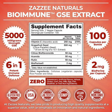 Zazzee BioImmuneÃƒâ€šÃ¢â€žÂ¢ Grapefruit Seed Extract GSE 500 mg 100 Vegan Capsules, High Absorption, Potent Immune Support Blend, 10:1 Extract, Non-GMO and All-Natural