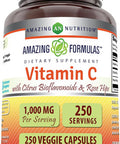 Amazing Nutrition Formulas Vitamin C (Ascorbic Acid) 1000 mg with Rose HIPS & Citrus Bioflavonoids | Veggie Capsules Supplement | Non-GMO | Gluten | Made in USA (250 Count)