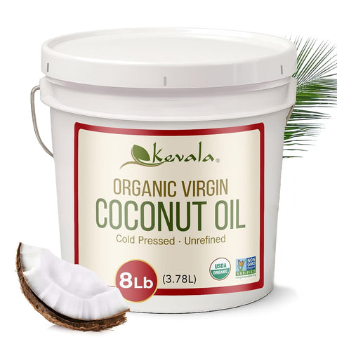 Kevala Organic Coconut Oil - Extra Virgin Oil with High Smoke Point for Baking and Cooking, Natural and Fresh Coconut Scent for Body Massages, Complements Recipes from Many Cultures, Bulk Size 8 lb