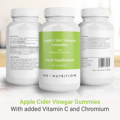 Hey Nutrition Apple Cider Vinegar Gummies Supplement - Vitamin C & Chromium - Supports Skin Health Metabolic Function & Immune Health - No Artificial Flavours Non-GMO & Dairy- - 60 Vegan Gummies
