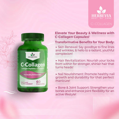 Herbevia C-Collagen Hydrolyzed Collagen Capsule & Vitamin C Glowing Skin Healthy Hair Nails & Joints | Anti-Aging Supplement for Adults Halal Certified GMO-Free 60 Capsules