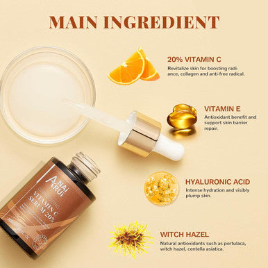 Anairui Vitamin C Serum 20%, With Hyaluronic Acid, Vitamin E, Increase Firmness, Reduce Fine Lines, Wrinkles,Dark Spots, Uneven Skin Tone 1Fl. Oz