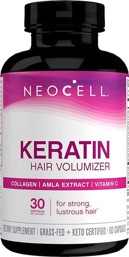 NeoCell Keratin Hair Volumizer, Enhance Hair Strength, Grass-Fed Collagen, Gluten Free, 60 Capsules (Package May Vary)