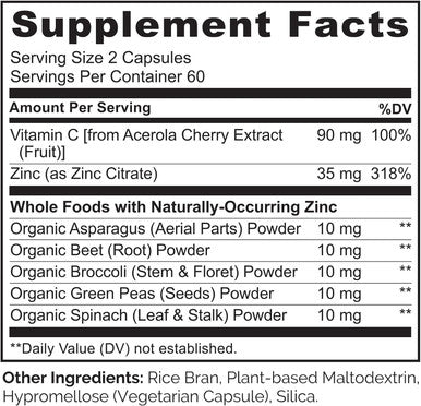 Naturelo Vegan Zinc Whole Food Complex Supplement With Vitamin C For Immune Support And Healthy Skin, Hair, And Nails - 120 Capsules