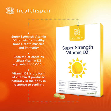 Healthspan Super Strength Vitamin D3 (60 Tablets) | Immune Health | Bone, Teeth & Muscle Health | Contains 1,000iu of Natural Source Vitamin D3 in Each Tablet | Vegetarian