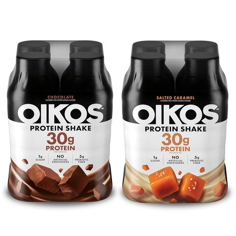 Oikos Protein Shake, Salted Caramel, 30g High Protein Drinks, Shelf Stable, Ready to Drink, 5g Prebiotic Fiber, 12 fl oz Bottle, 12 Count