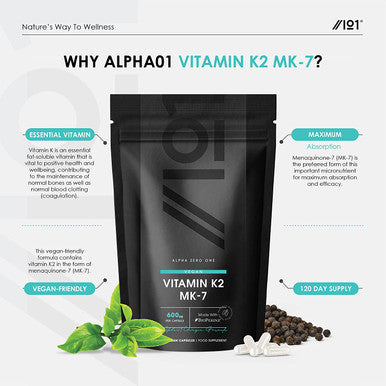 ALPHA01 Vitamin K2 MK-7 600mcg Fermented Natto Based Vegan Vitamin K - Supports Bone Health Non GMO Halal 120 Vegan Capsules