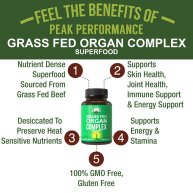 Peak Performance Grass Fed Beef Organ Complex (180 Capsules) Desiccated Organs Superfood Pills Rich In Antioxidants, Enzymes, Vit