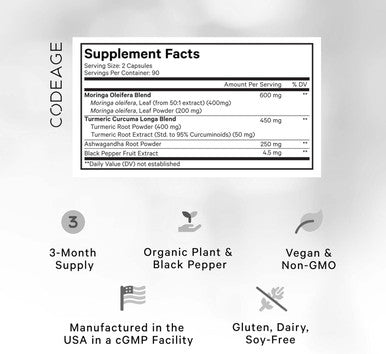 Codeage Liposomal Moringa+ Supplement 400mg Moringa 50:1 Extract - 20000mg Moringa Oleifera Leaf Equivalent - Turmeric Ashwagandha Black Pepper 3-Month Supply Vegan Moringa Powder - 180 Capsules