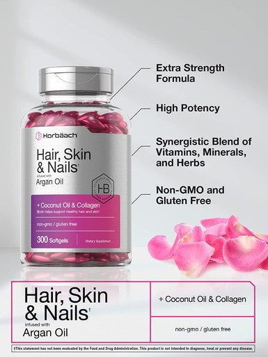 Hair Skin and Nails Vitamins 300 Softgels with Biotin and Collagen Infused with Argan Oil and Coconut Oil Non-GMO Gluten Free Supplement by Horbaach