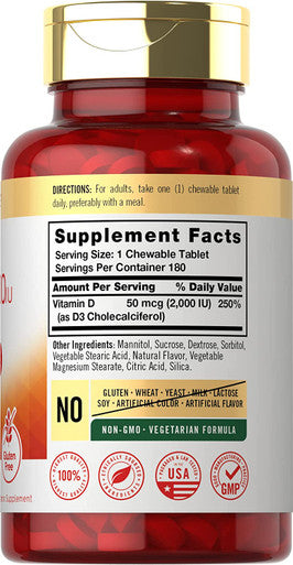 Carlyle Chewable Vitamin D3 2000 Iu (50Mcg) Tablets | 180 Count | Natural Berry Flavor | Vegetarian, Non-Gmo And Gluten Free