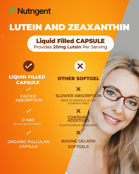 Nutrigent Lutein 20 Mg With Zeaxanthin Liquid Filled Organic Capsules Eye Health Supplements Support Vision Health Gluten Free Soy Free (60Ct)