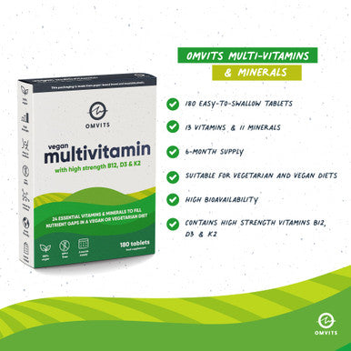 Omvits Vegan Multivitamins & Minerals - with High Strength Vitamin B12 D3 K2 & Iron - 180 Tablets in Low Waste Packaging - 6 Month Supply - Advanced Supplement for Men & Women - Palm Oil & GMO Free