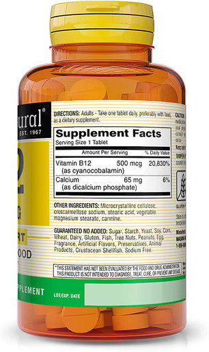 Mason Natural Vitamin B12 500 mcg with Calcium - Healthy Conversion of Food into Energy, Supports Nerve Function and Health, 100 Tablets