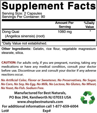Best Naturals Dong Quai 530 mg 180 Capsules