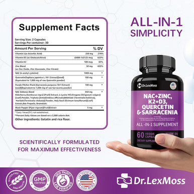 Nac Supplement N-Acetyl Cysteine 1000Mg Vitamin D3 K2 Zinc Quercetin 1000Mg Sarracenia Purpurea 1000Mg With Elderberry Holy Basil Bee Propolis Bromelain L-Lysine For Men And Women,60 Count Usa